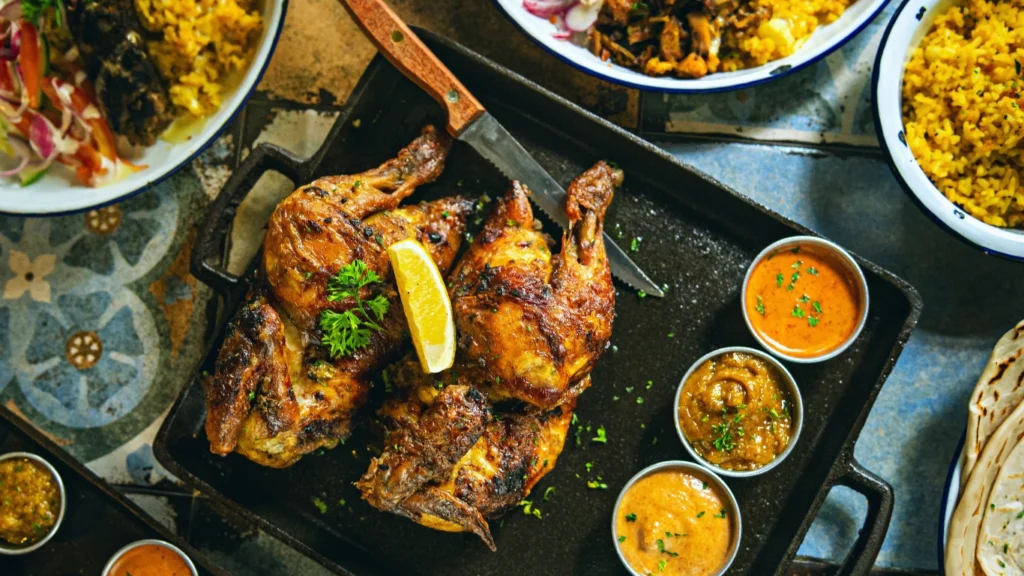 Golden-brown roasted chicken with crispy skin, garnished with fresh herbs