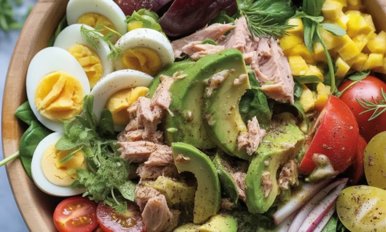 Delicious homemade tuna salad with mayonnaise, celery, and lemon juice.