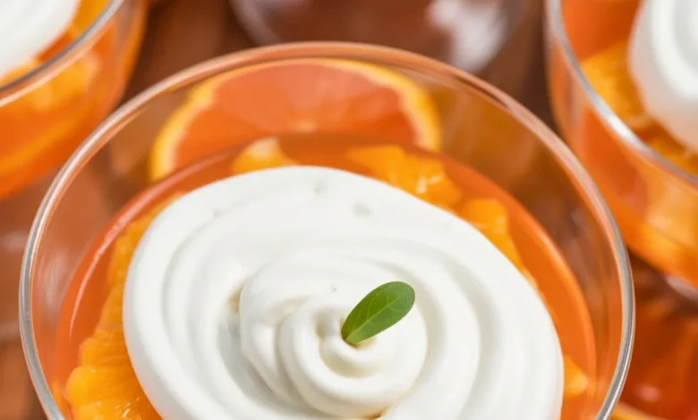 Delicious orange jello fruit salad with ingredients like jello, cool whip, and fruits.