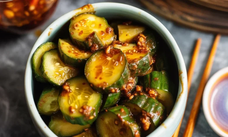Bowl of Korean cucumber salad with cucumbers, garlic, and sesame seeds.